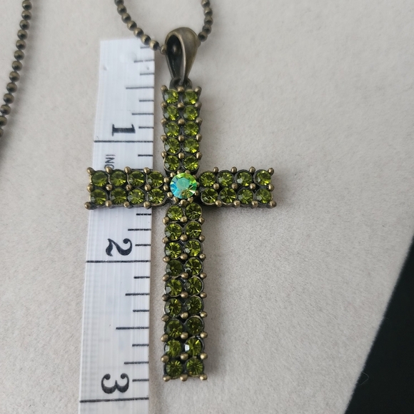 Brass Green Crystal Cross Pendant on 18" Chain - Picture 4 of 6